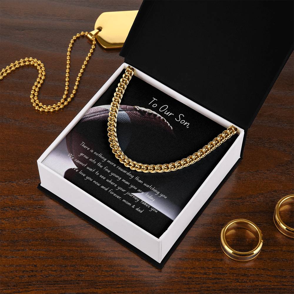 Football Themed Cuban Link Chain Necklace with Personalizable Message Card