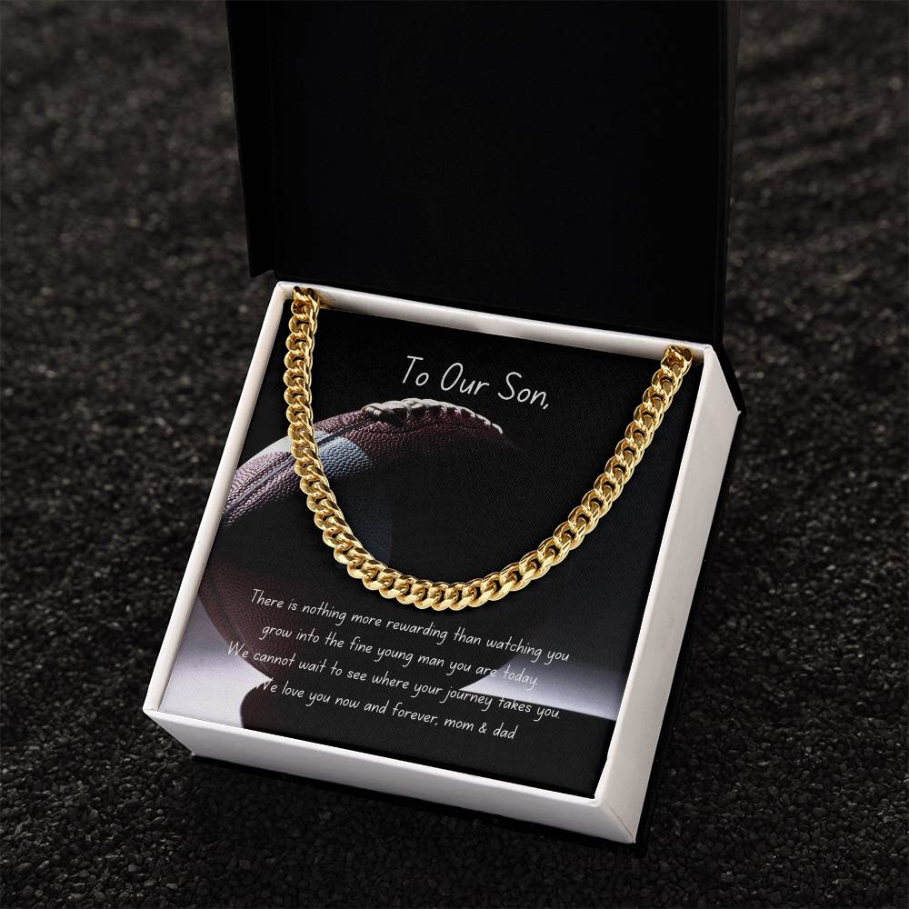 Football Themed Cuban Link Chain Necklace with Personalizable Message Card