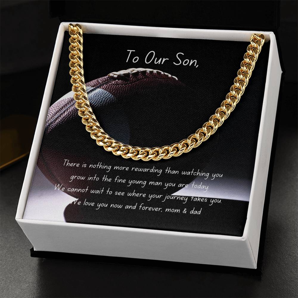 Football Themed Cuban Link Chain Necklace with Personalizable Message Card