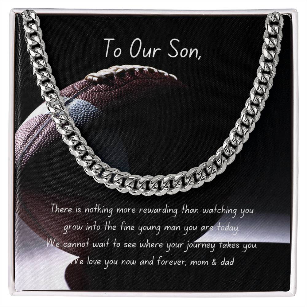 Football Themed Cuban Link Chain Necklace with Personalizable Message Card