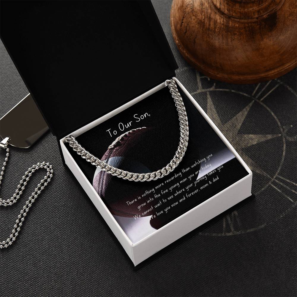 Football Themed Cuban Link Chain Necklace with Personalizable Message Card