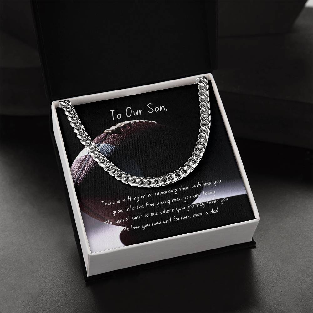 Football Themed Cuban Link Chain Necklace with Personalizable Message Card