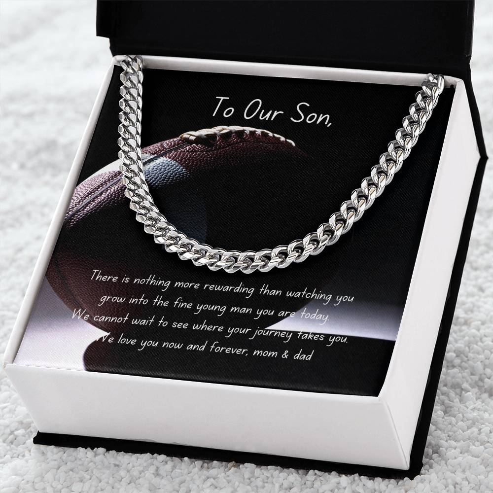 Football Themed Cuban Link Chain Necklace with Personalizable Message Card