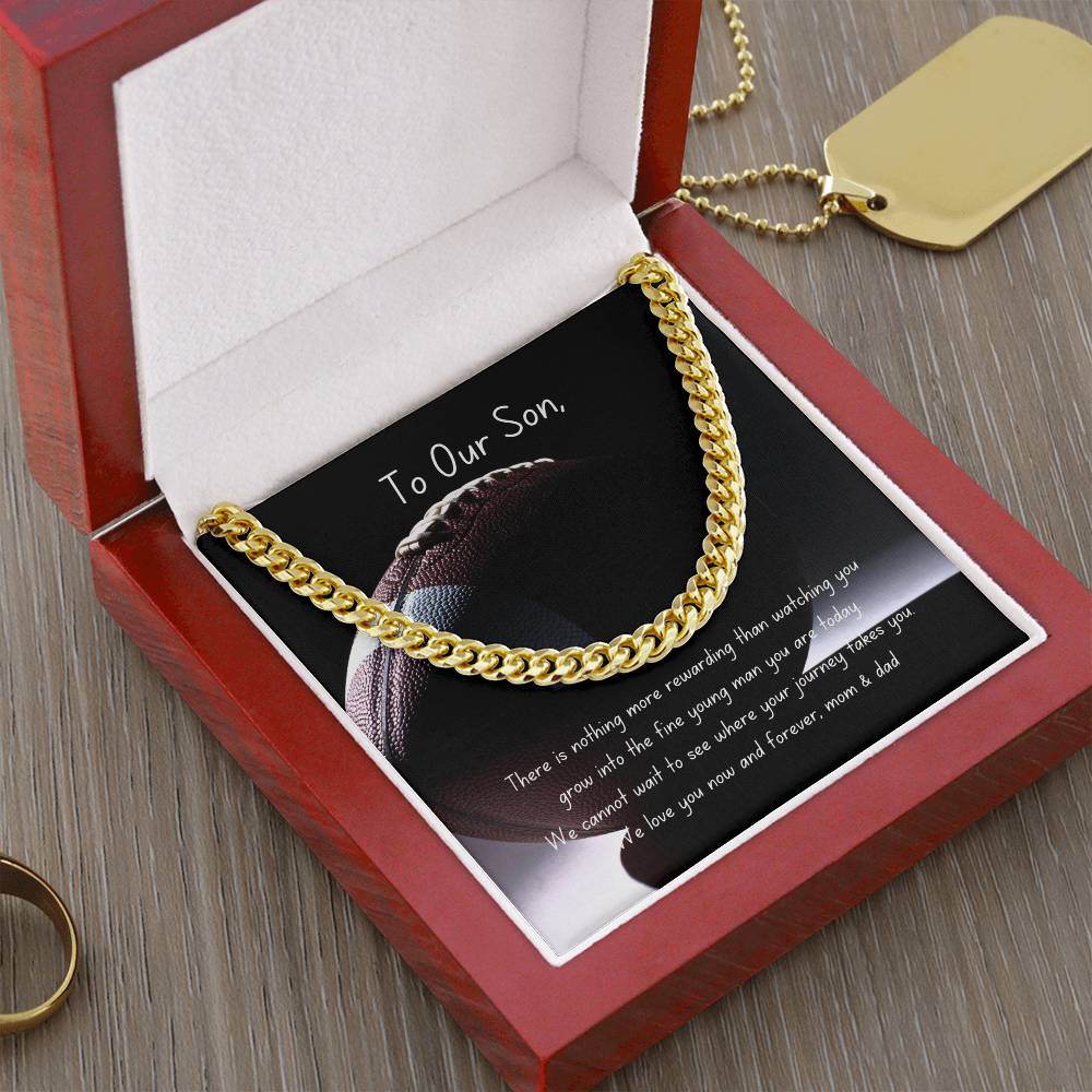 Football Themed Cuban Link Chain Necklace with Personalizable Message Card