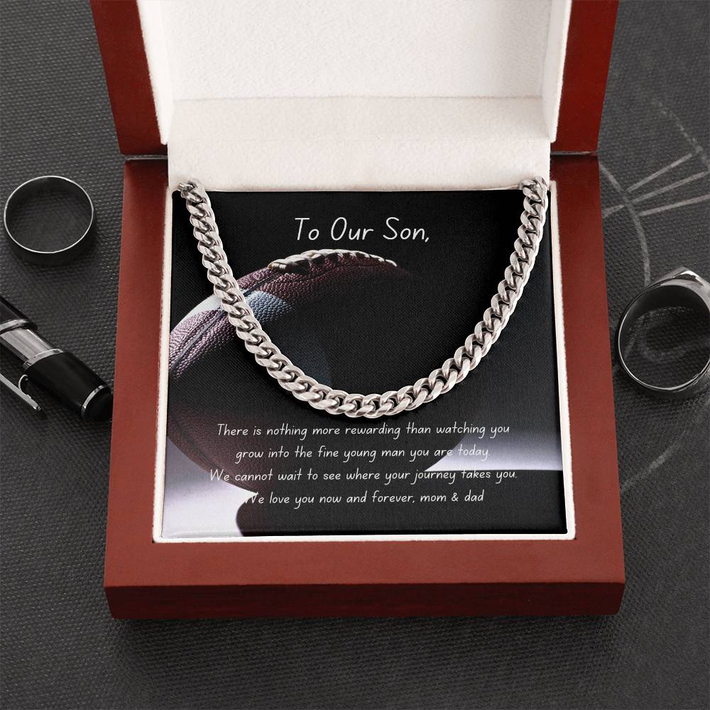 Football Themed Cuban Link Chain Necklace with Personalizable Message Card