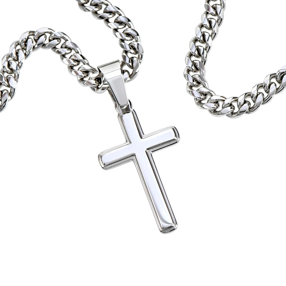 Artisan Cross Necklace with Cuban Link Chain and Personalizable Message Card