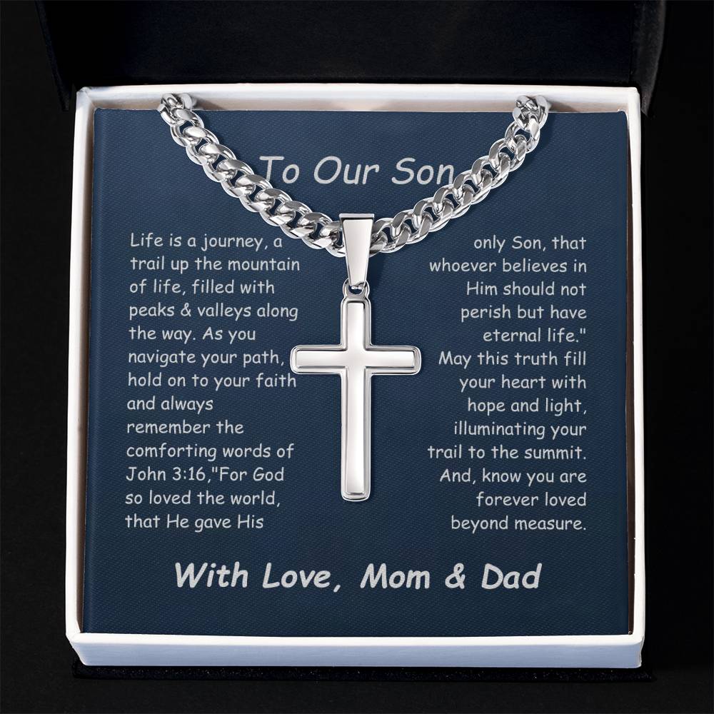 Artisan Cross Necklace with Cuban Link Chain and Personalizable Message Card