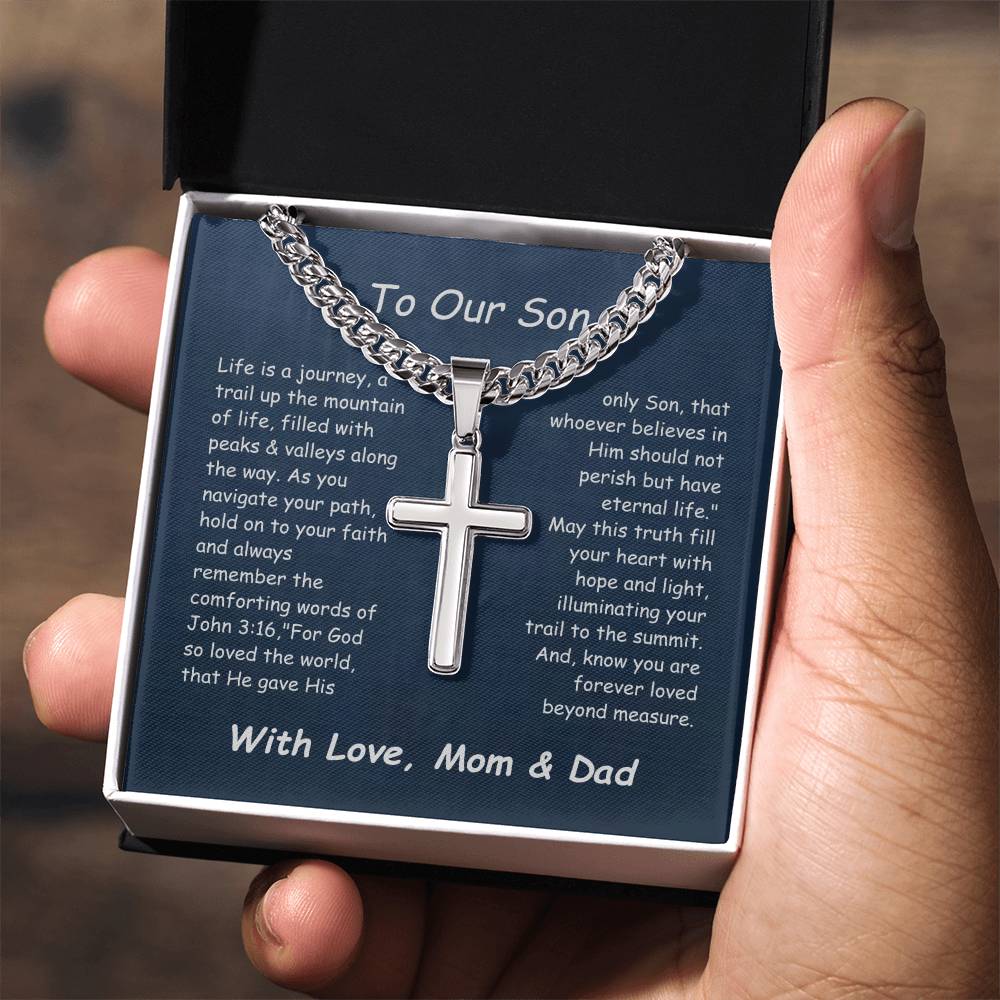 Artisan Cross Necklace with Cuban Link Chain and Personalizable Message Card