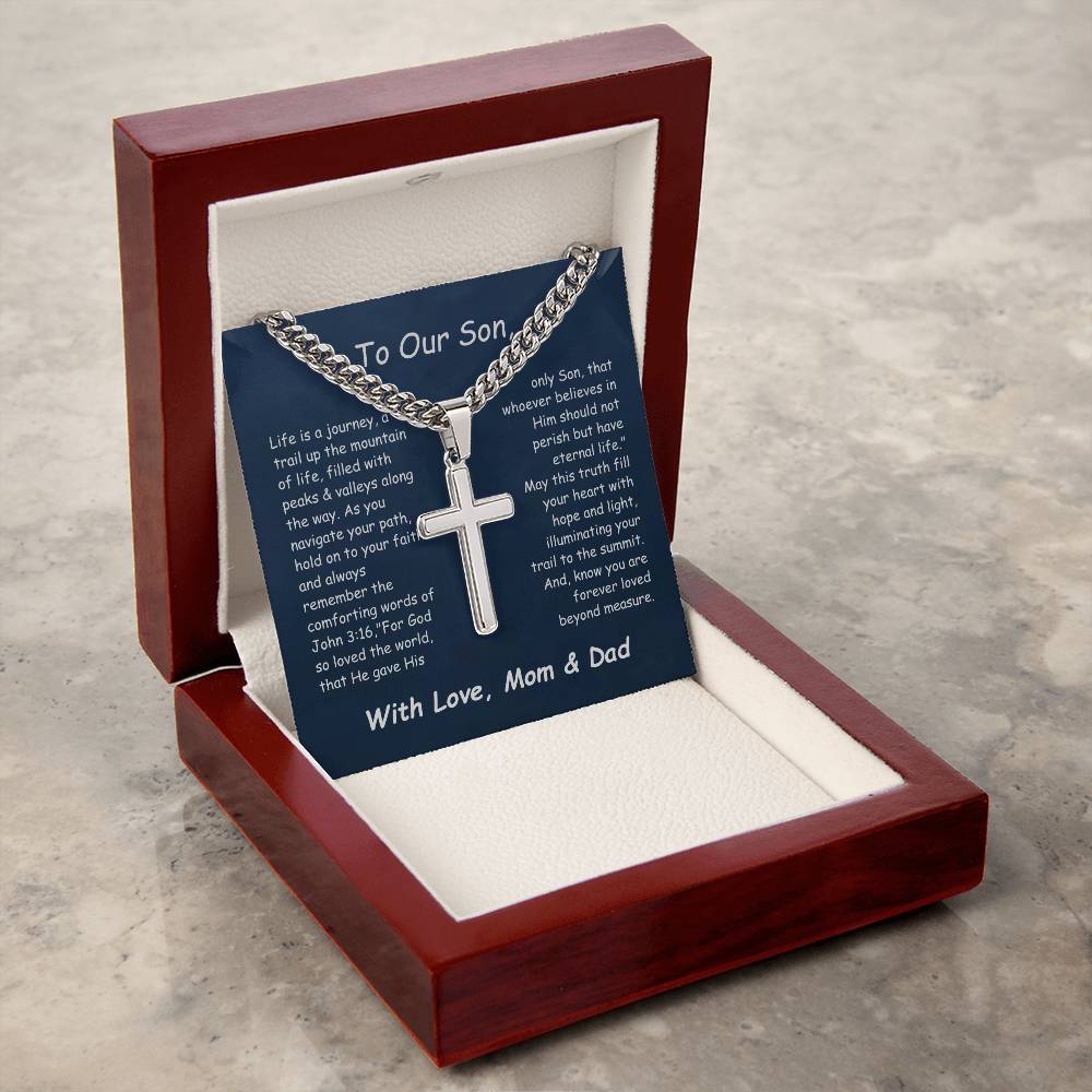 Artisan Cross Necklace with Cuban Link Chain and Personalizable Message Card