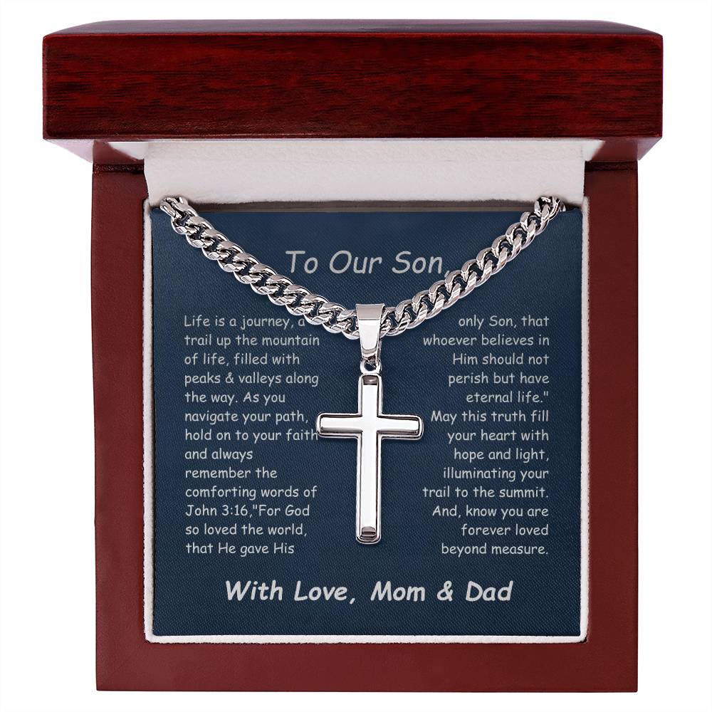 Artisan Cross Necklace with Cuban Link Chain and Personalizable Message Card