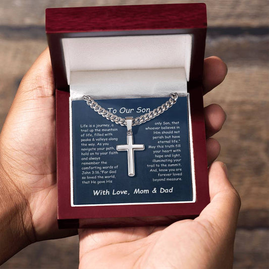 Artisan Cross Necklace with Cuban Link Chain and Personalizable Message Card